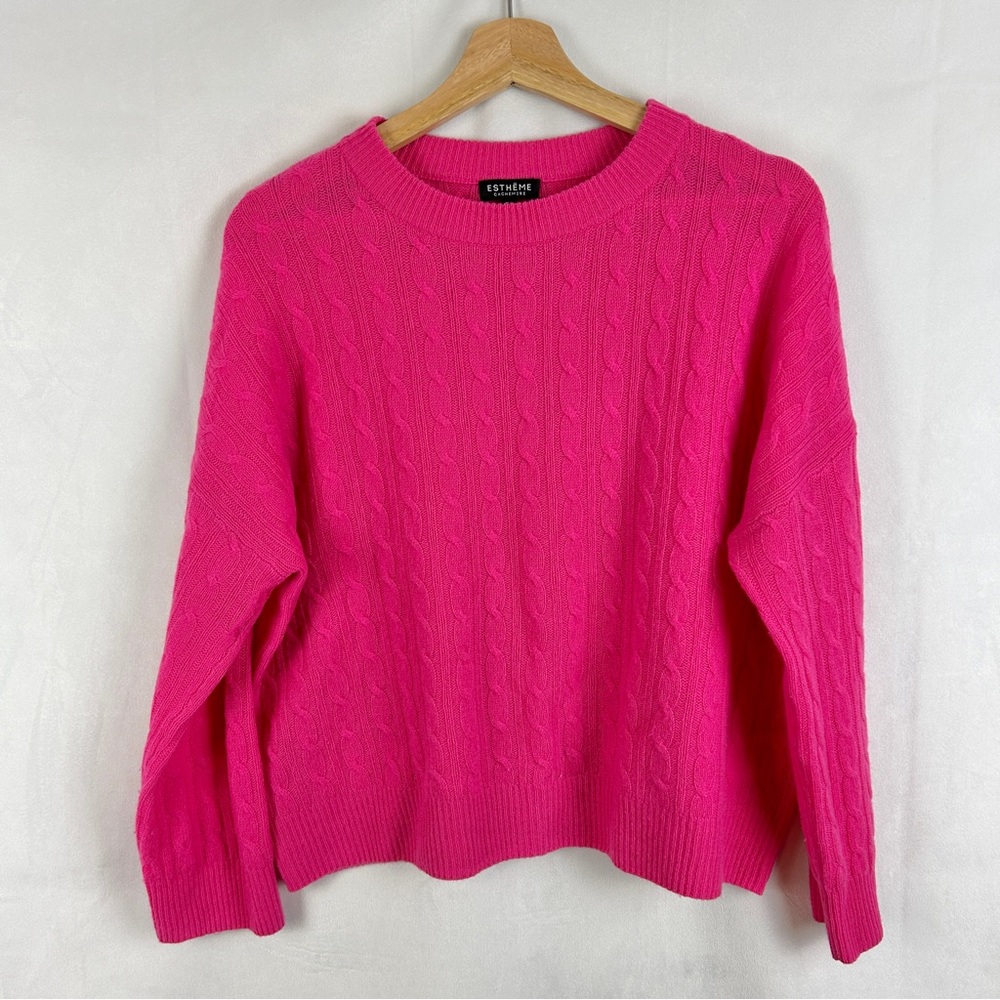 ESTHEME 100% Cashmere Oversized Cable Knit Drop Sleeve Pink Sweater‎ Small Prep